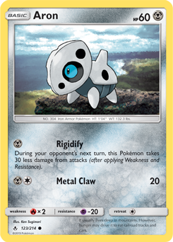 Common Pokémon card Aron 123/214 from Unbroken Bonds expansion
