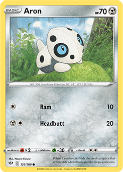 Common Pokémon card Aron 121/189 from Darkness Ablaze expansion