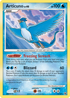 Rare holo Pokémon card Articuno 1/100 from Majestic Dawn expansion