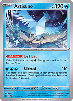 Rare Pokémon card Articuno 144/165 from 151 expansion