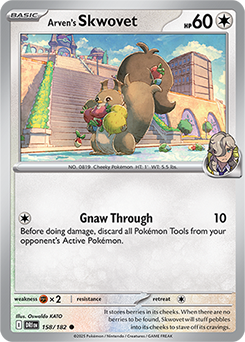 Common Pokémon card Arven's Skwovet 158/182 from Destined Rivals expansion