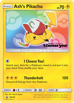 Promo Pokémon card Ash's Pikachu SM108 from Sun and Moon Promos expansion