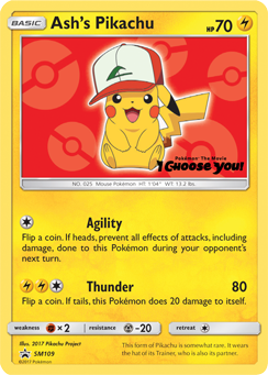 Promo Pokémon card Ash's Pikachu SM109 from Sun and Moon Promos expansion