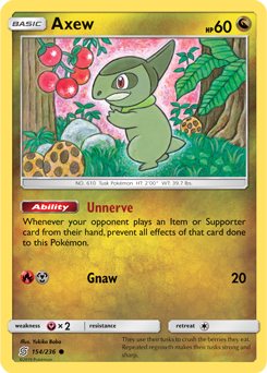 Common Pokémon card Axew 154/236 from Unified Minds expansion