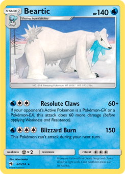 Rare Pokémon card Beartic 62/214 from Lost Thunder expansion