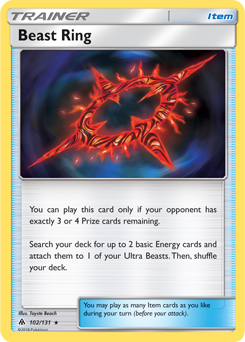 Rare Pokémon card Beast Ring 102/131 from Forbidden Light expansion