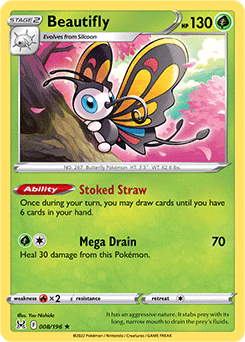 Rare Holo Pokémon card Beautifly 008/196 from Lost Origin expansion