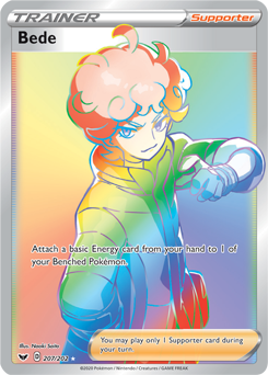 Secret Rainbow Trainer Pokémon card Bede 207/202 from Sword & Shield expansion