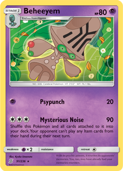 Rare Pokémon card Beheeyem 91/236 from Unified Minds expansion