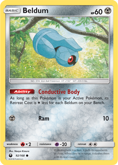 Common Pokémon card Beldum 92/168 from Celestial Storm expansion