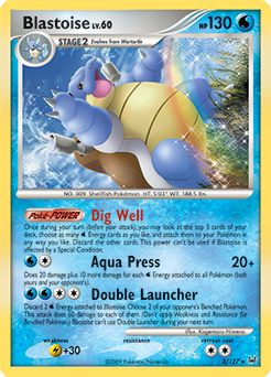 Rare holo Pokémon card Blastoise 2/127 from Platinuim expansion