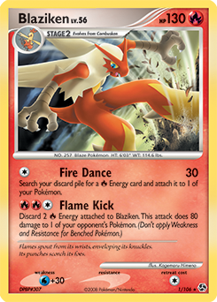 Rare holo Pokémon card Blaziken 1/106 from Great Encounters expansion
