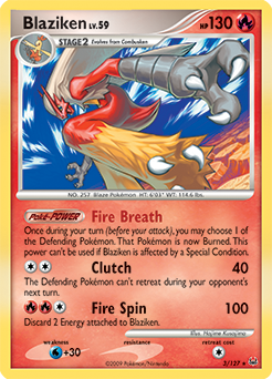 Rare holo Pokémon card Blaziken 3/127 from Platinuim expansion