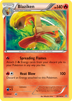 Rare holo Pokémon card Blaziken 28/160 from Primal Clash expansion