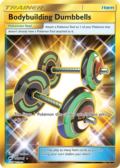 Secret Gold Pokémon card Bodybuilding Dumbbells 161/147 from Burning Shadows expansion