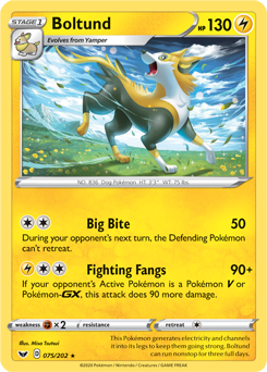 Rare Holo Pokémon card Boltund 75/202 from Sword & Shield expansion