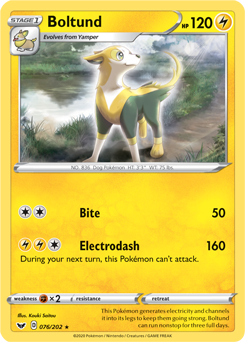 Rare Holo Pokémon card Boltund 76/202 from Sword & Shield expansion