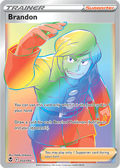 Rainbow Trainer Pokémon card Brandon 203/195 from Silver Tempest expansion