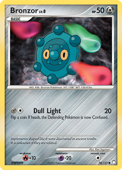 Common Pokémon card Bronzor 74/123 from Mysterious Treasures expansion