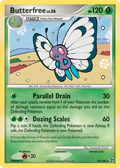 Rare Pokémon card Butterfree 14/106 from Great Encounters expansion