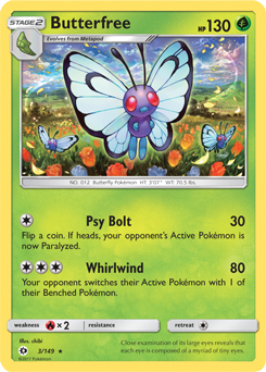 Rare Pokémon card Butterfree 3/149 from Sun & Moon expansion