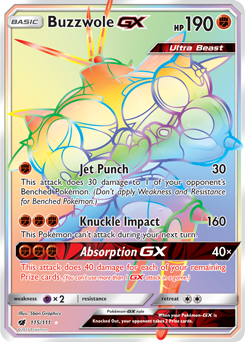 Secret Rainbow GX Pokémon card Buzzwole GX 115/111 from Crimson Invasion expansion