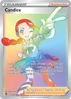 Rainbow Trainer Pokémon card Candice 204/195 from Silver Tempest expansion