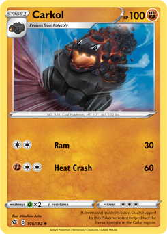 Uncommon Pokémon card Carkol 106/192 from Rebel Clash expansion