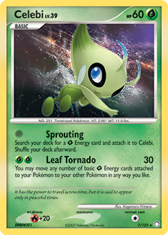 Rare holo Pokémon card Celebi 7/123 from Mysterious Treasures expansion