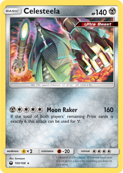 Rare holo Pokémon card Celesteela 100/168 from Celestial Storm expansion
