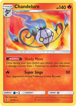 Rare holo Pokémon card Chandelure 13/145 from Guardians Rising expansion