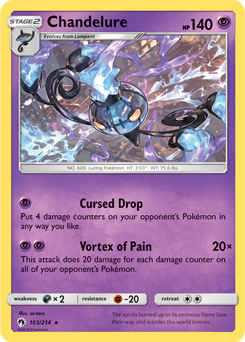 Rare holo Pokémon card Chandelure 103/214 from Lost Thunder expansion