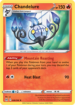 Rare Holo Pokémon card Chandelure 026/196 from Lost Origin expansion