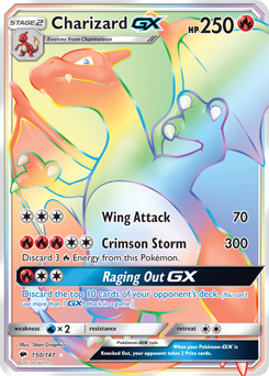 Secret Rainbow GX Pokémon card Charizard GX 150/147 from Burning Shadows expansion