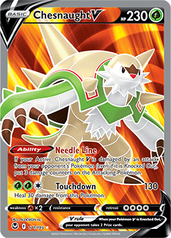 Full Art V Pokémon card Chesnaught V 171/195 from Silver Tempest expansion