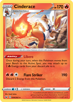 Rare Holo Pokémon card Cinderace 34/202 from Sword & Shield expansion