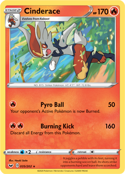 Rare Holo Pokémon card Cinderace 35/202 from Sword & Shield expansion
