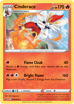 Rare Pokémon card Cinderace 36/202 from Sword & Shield expansion