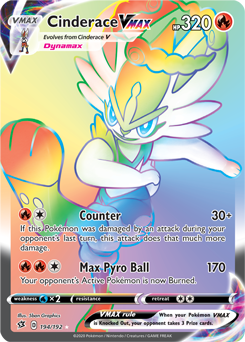 Secret Rainbow VMAX Pokémon card Cinderace VMAX 194/192 from Rebel Clash expansion