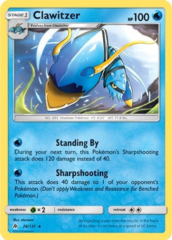 Rare Pokémon card Clawitzer 26/131 from Forbidden Light expansion
