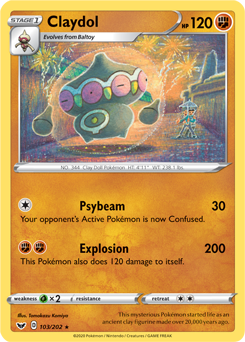 Rare Pokémon card Claydol 103/202 from Sword & Shield expansion