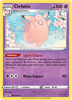 Rare Pokémon card Clefable 063/196 from Lost Origin expansion