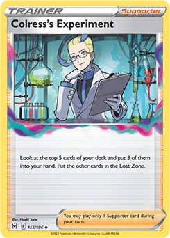 Uncommon Pokémon card Colress's Experiment 155/196 from Lost Origin expansion