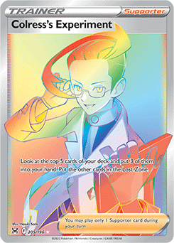 Rainbow Trainer Pokémon card Colress's Experiment 205/196 from Lost Origin expansion