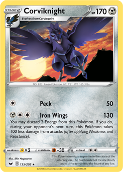 Rare Pokémon card Corviknight 135/202 from Sword & Shield expansion