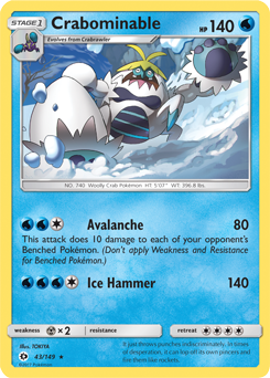 Rare Pokémon card Crabominable 43/149 from Sun & Moon expansion