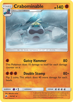 Rare Pokémon card Crabominable 74/147 from Burning Shadows expansion