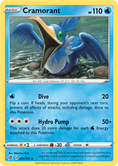 Rare Pokémon card Cramorant 51/192 from Rebel Clash expansion