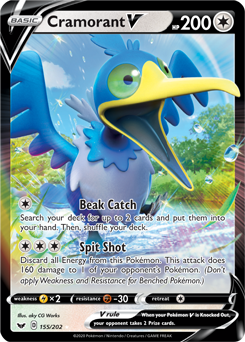Ultra rare V Pokémon card Cramorant V 155/202 from Sword & Shield expansion