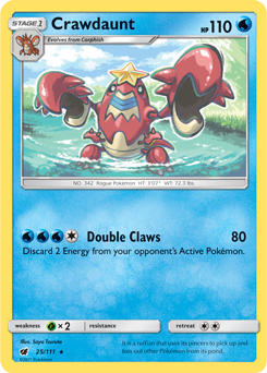 Rare Pokémon card Crawdaunt 25/111 from Crimson Invasion expansion